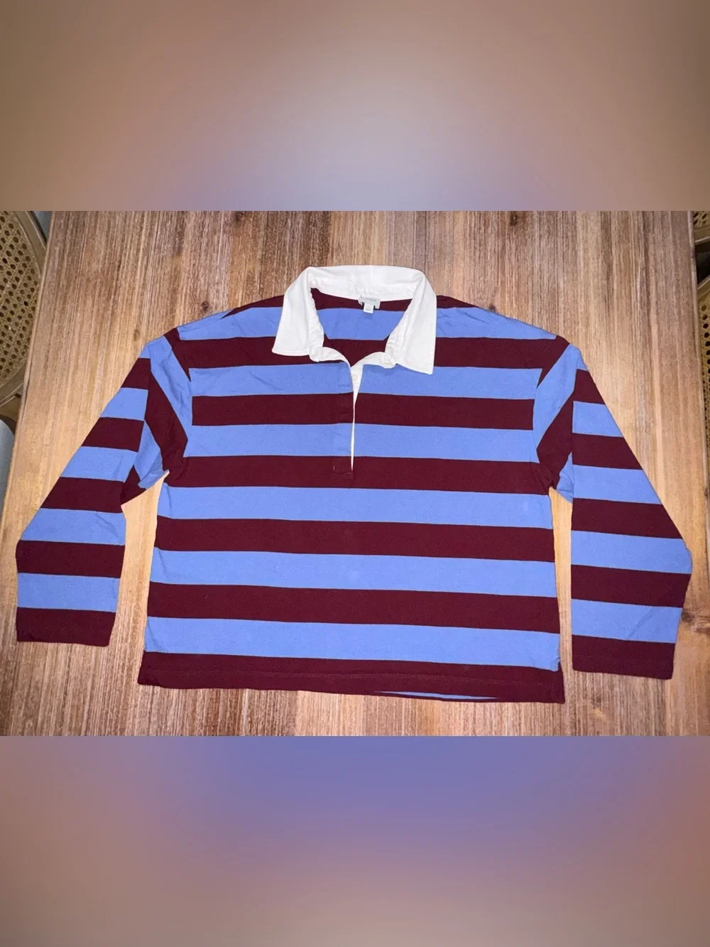 J. Crew Women’s Light Blue and Burgundy Striped Rugby Polo with White Collar
